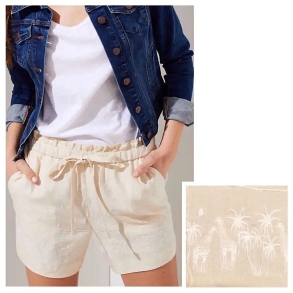 LOFT Linen-blend Embroidered Palm and Giraffe Shorts